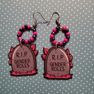 RIP GENDER ROLES EARRINGS accented with glass beads of black and magenta